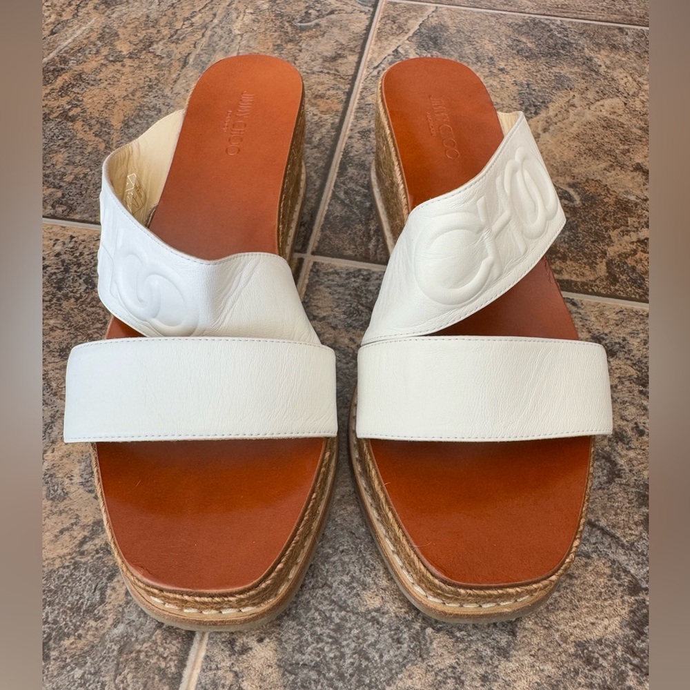 Jimmy Choo Nappa Espadrille Wedge Sandals- White, Women’s Size 40/9